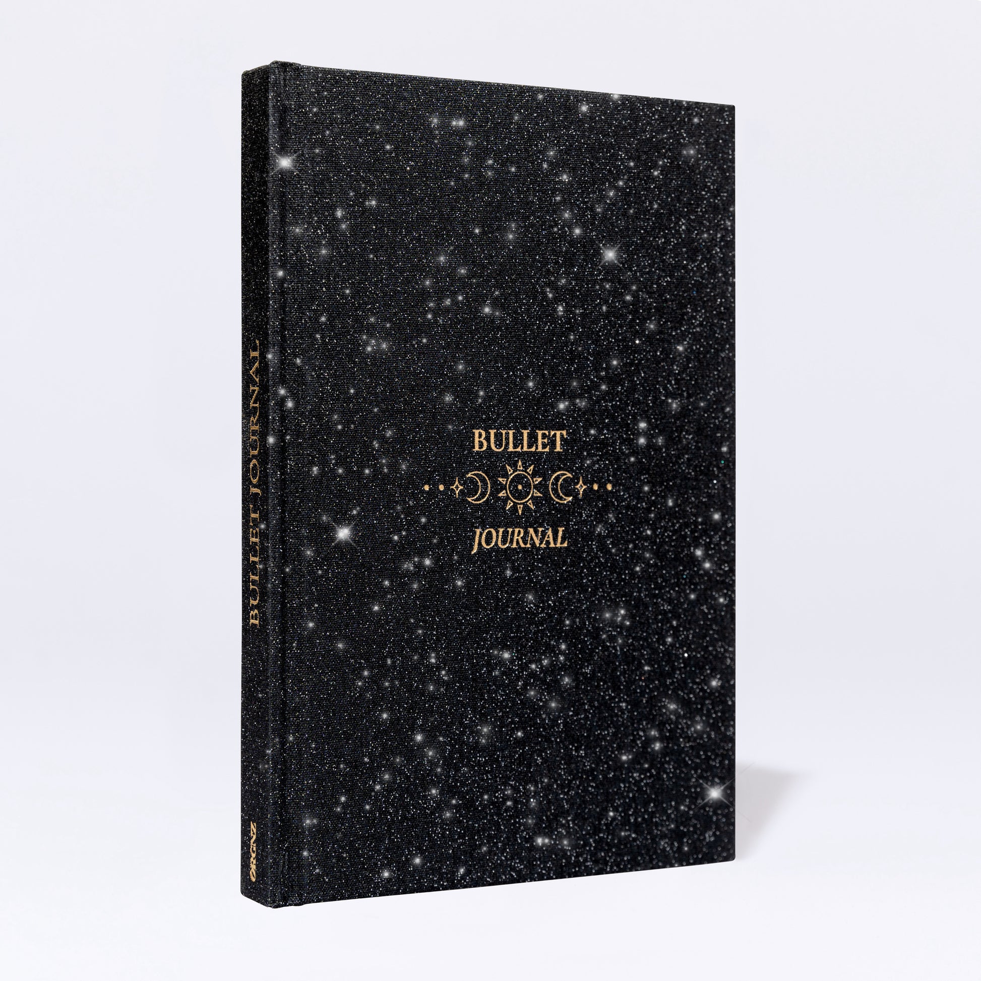 Bullet Journal A5 Nightsky Frontansicht mit Glitzer Stoffeinband und Goldprägung