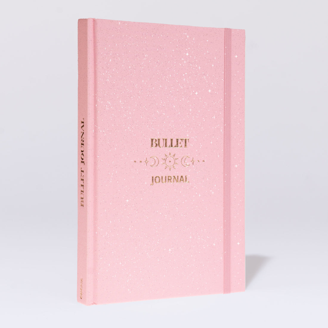 Bullet Journal A5 marshmallow mit glitzerndem Stoffeinband und Gummiband seitliche Frontalansicht