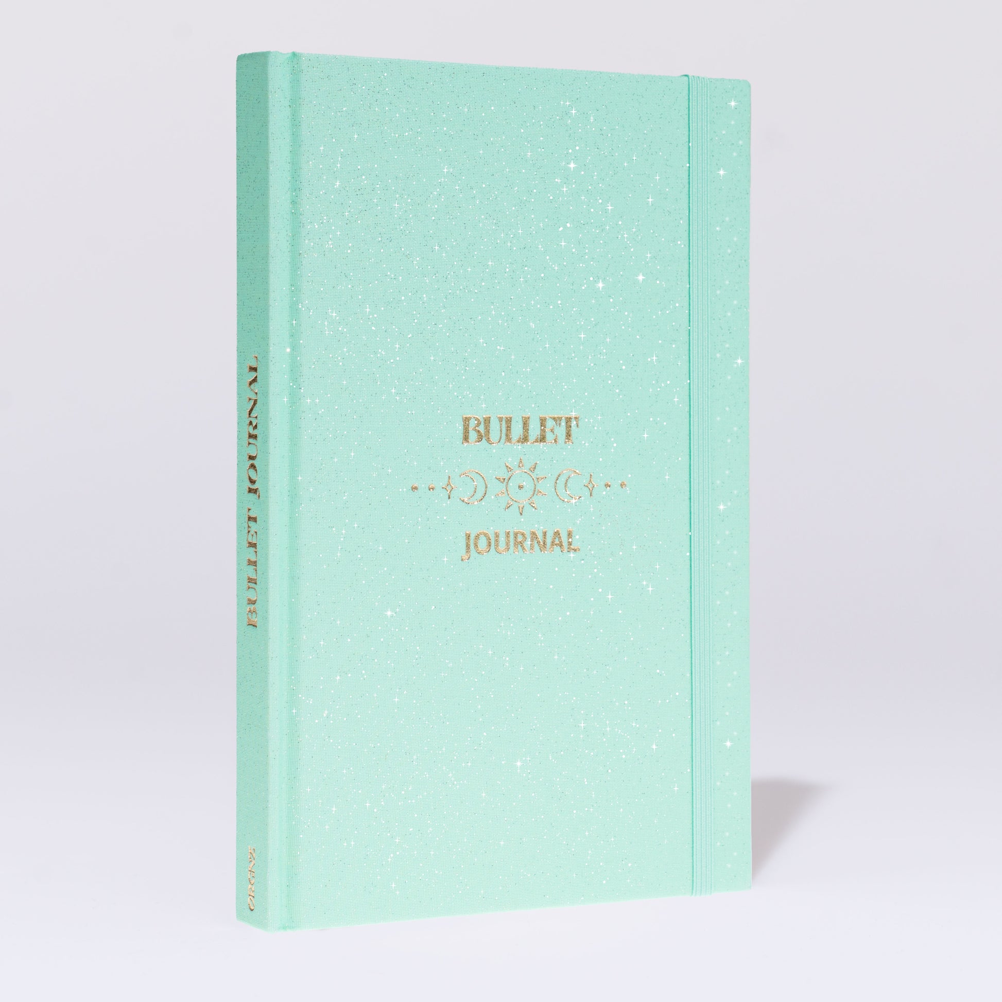 Bullet Journal A5 peppermint mit glitzerndem Stoffeinband und Gummiband seitliche Frontalansicht