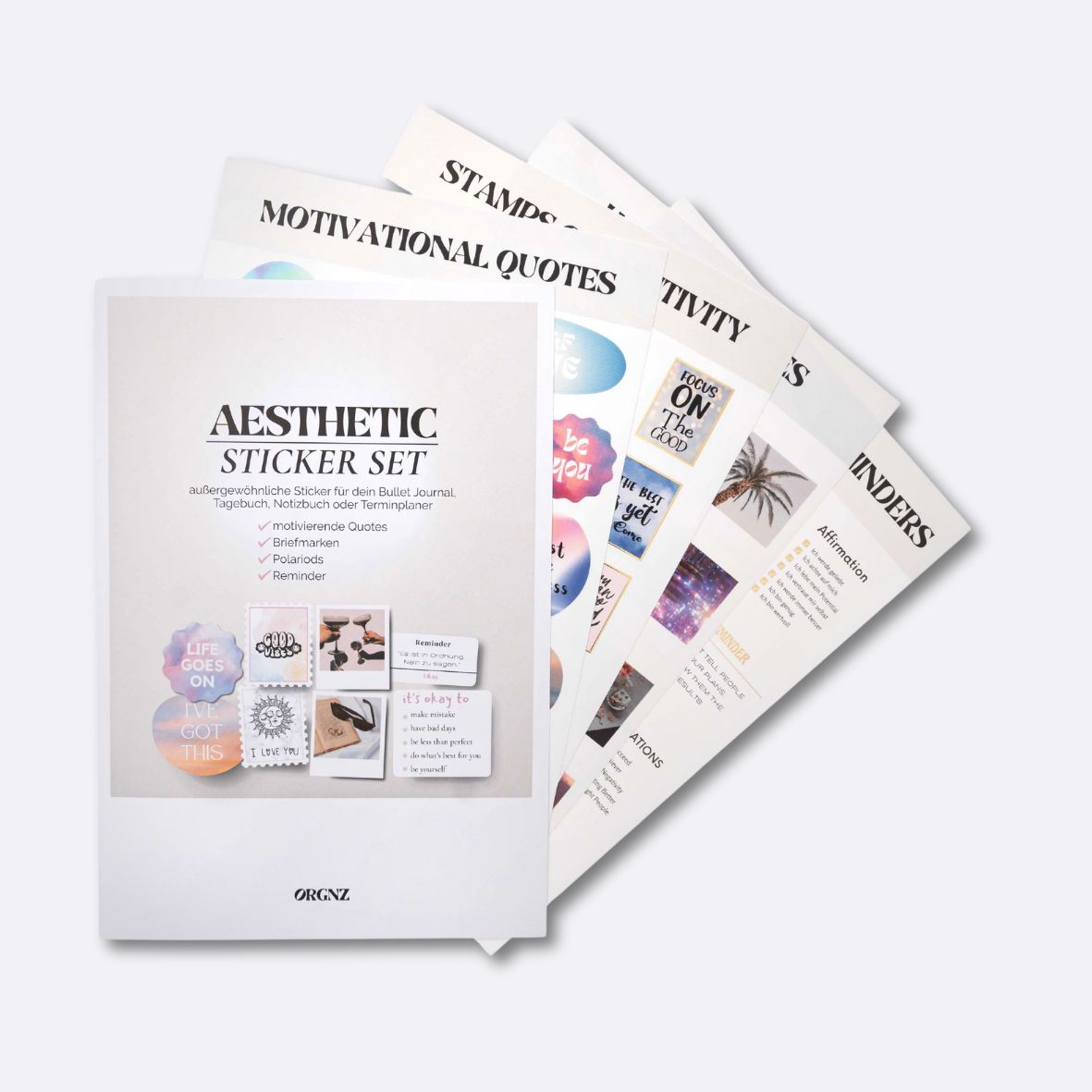 Sticker Set mit 4 Sheets in Verpackung aufgefächert mit Golddetails