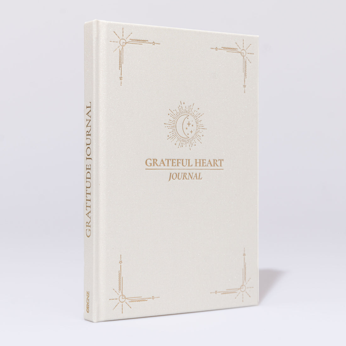 Gratitude Journal A5 Champagne Frontansicht mit schimmerndem Stoffeinband und Goldprägung