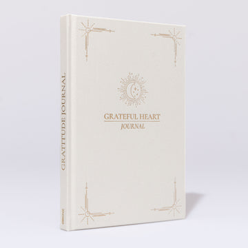 Gratitude Journal A5 Champagne Frontansicht mit schimmerndem Stoffeinband und Goldprägung